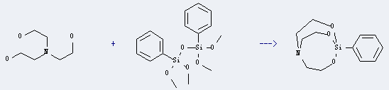 Disiloxane,1,1,3,3-tetramethoxy-1,3-diphenyl- can react with 2,2',2''-azanetriyl-tris-ethanol to get 1-Phenyl-2,8,9-trioxa-5-aza-1-sila-bicyclo[3.3.3]undecane